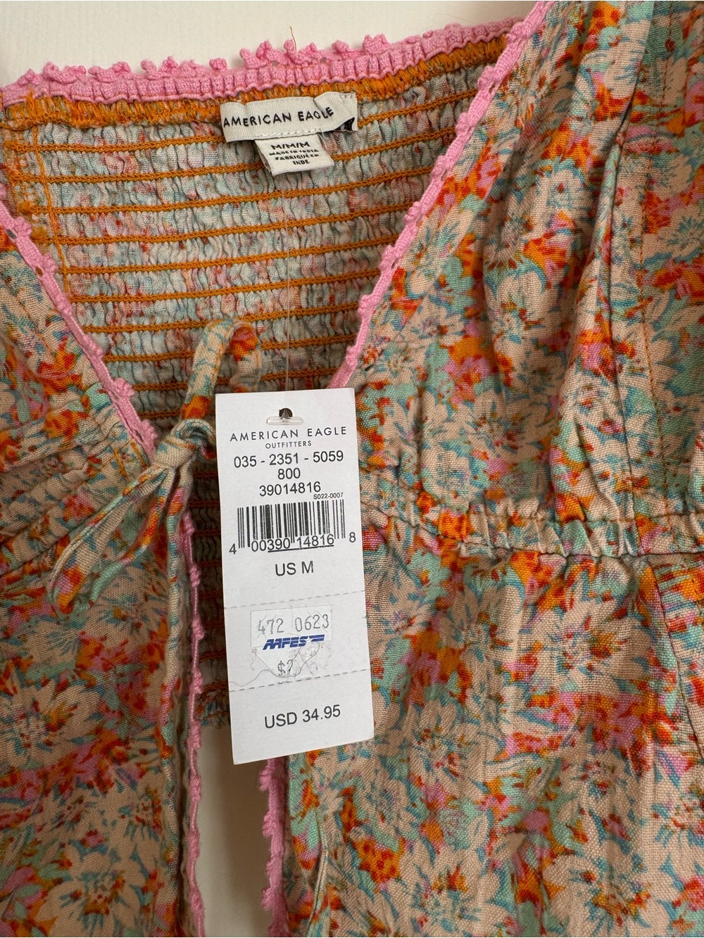 NWT AE Floral Tie-Front Women’s Tank Top - Pink Trim - Picture 3 of 5
